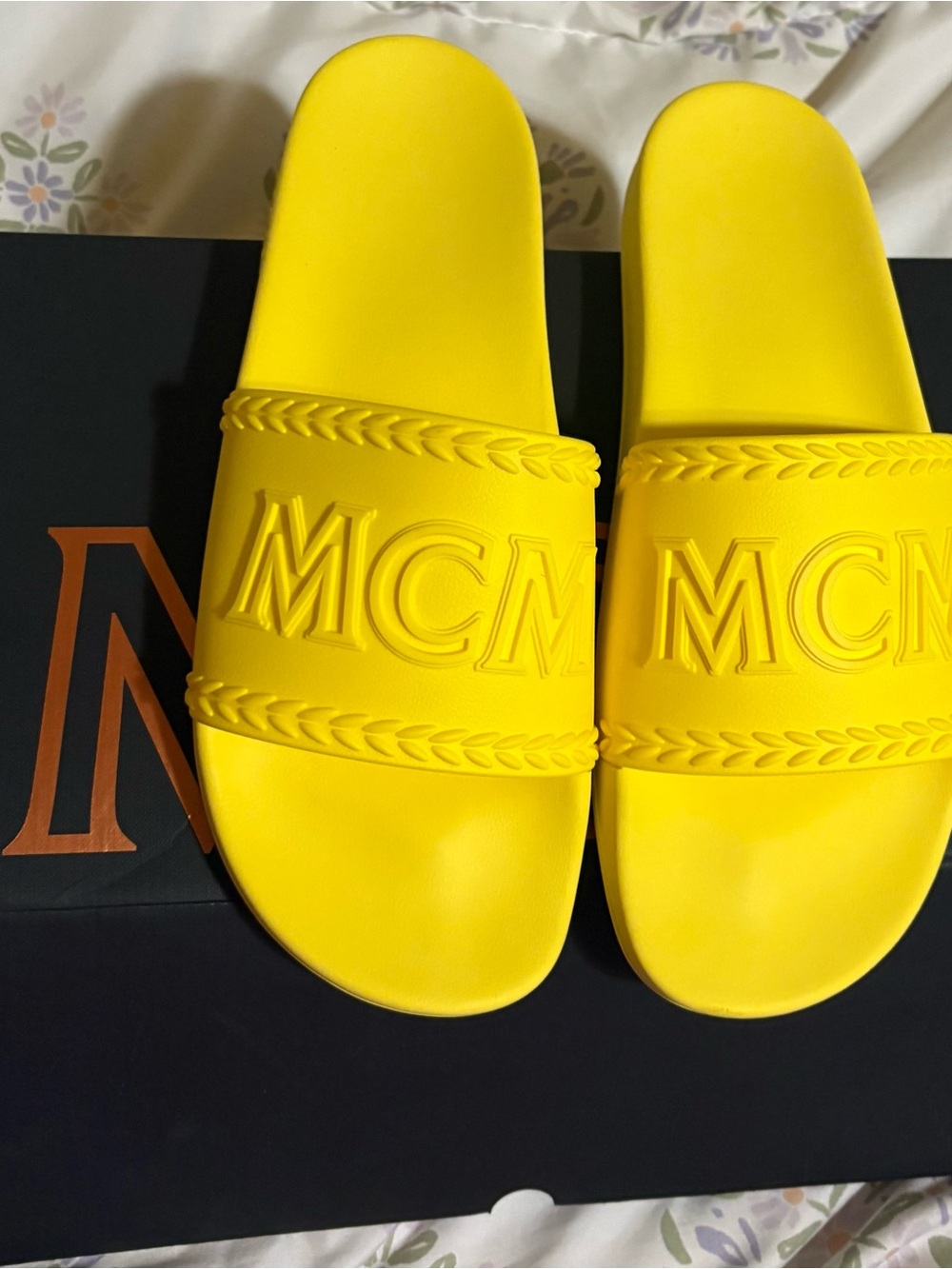 MCM Yellow Embossed Logo Slide Sandals